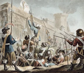 Aanval op Boulogne-Sur-Mer, gegraveerd door Jean Baptiste Morret, 1788